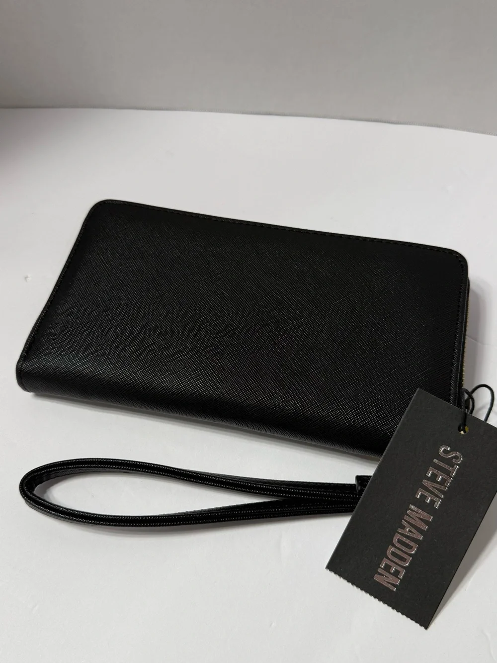 Steve Madden Black Zip-Around Wristlet with Gold Bar